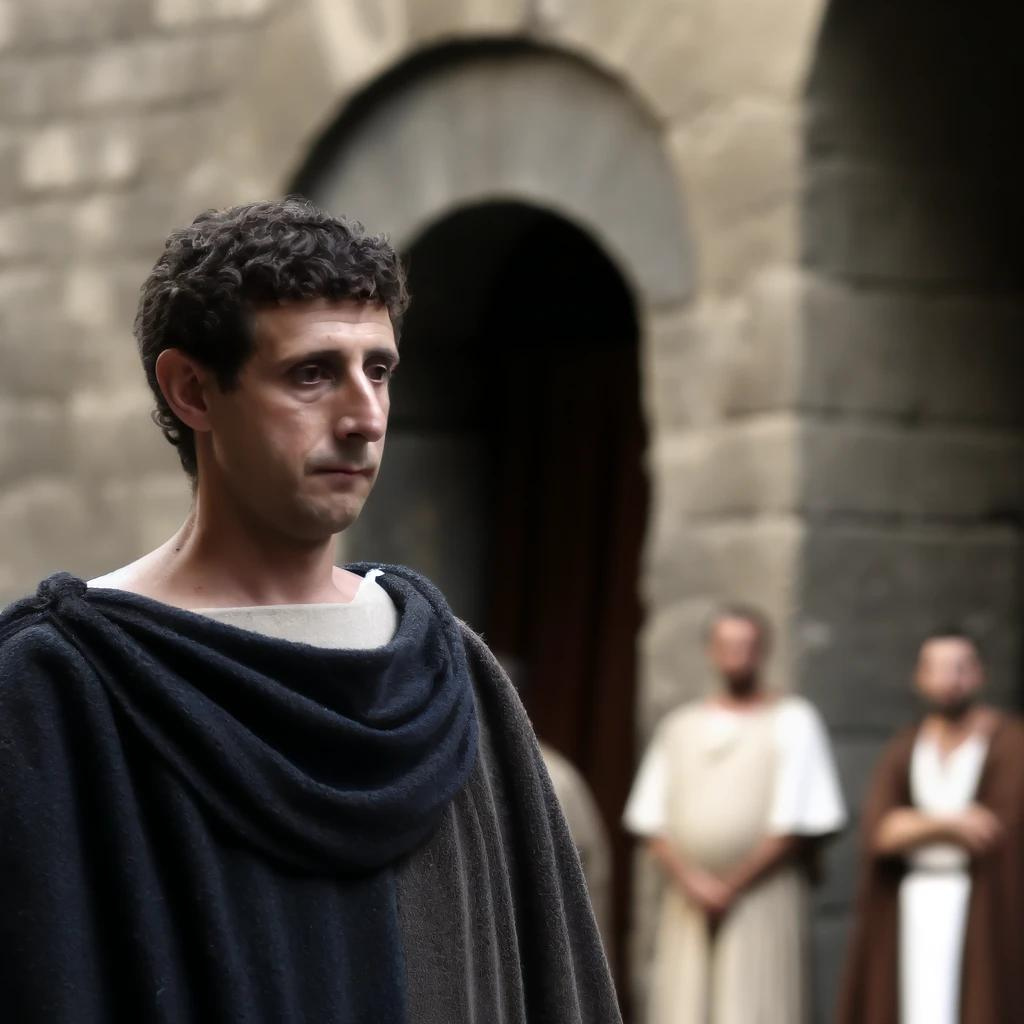 a roman man in ancient times wearing a toga pulla at a funeral in ancient rome