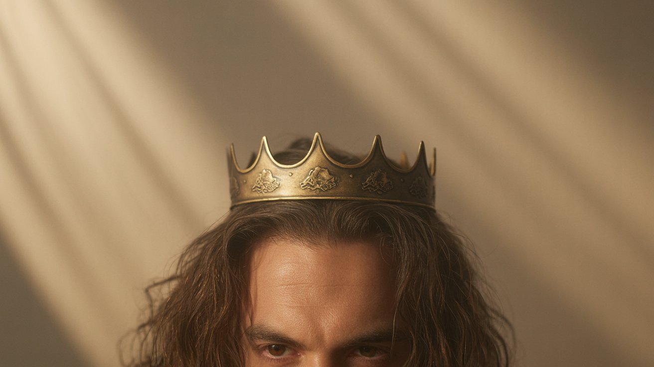 Golden crown resting above a person’s brow.