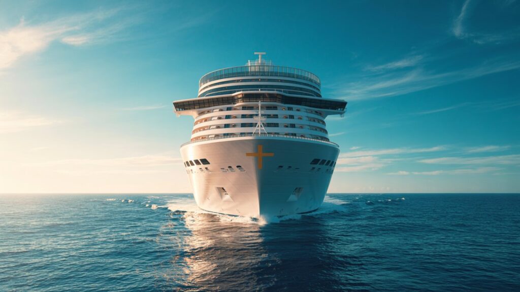 Ocean-going ship cutting through waves.