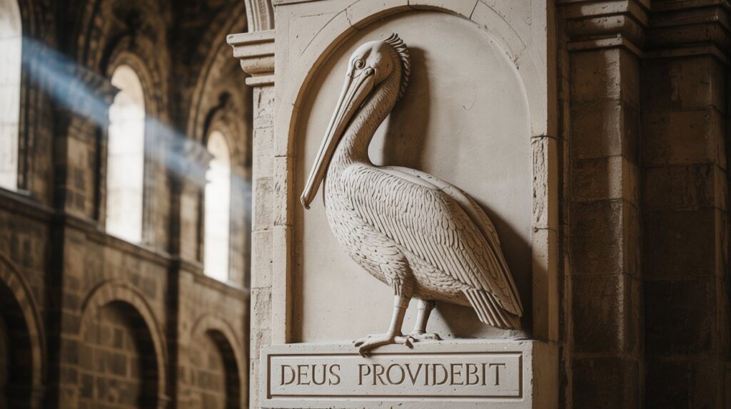 Weathered stone relief of a pelican feeding her young with blood, carved on a church wall.