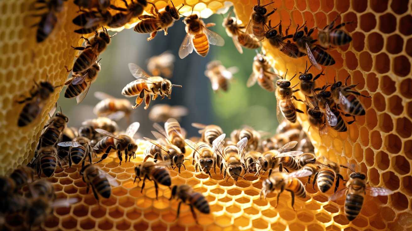 Interior of a beehive with honeycomb and bees.