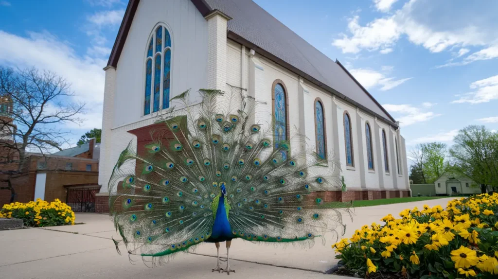 Peacock with fan of jeweled eye-feathers.