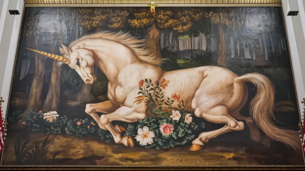 Medieval-style unicorn with a single spiraled horn.